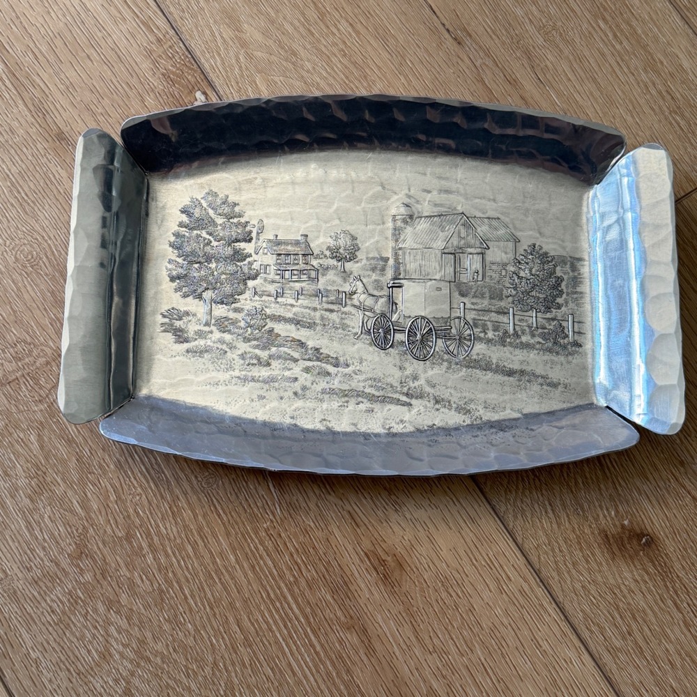 Wendell August Forge Hammered Aluminum Tray Amish Horse Buggy Farm Scene USA